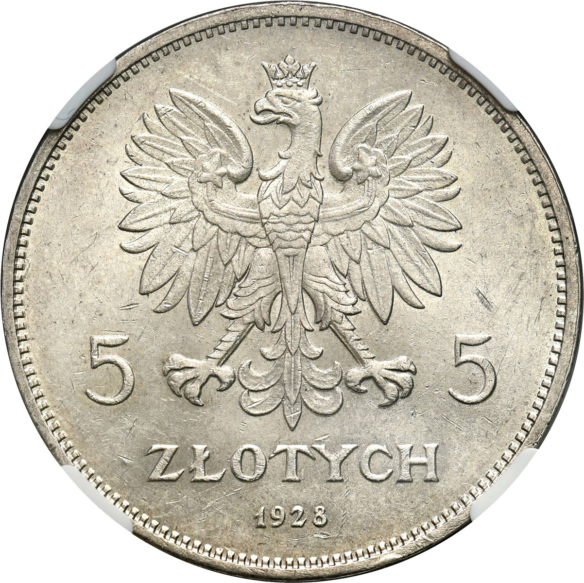 II RP. 5 złotych 1928 Nike bez znaku NGC MS62 - PIĘKNA